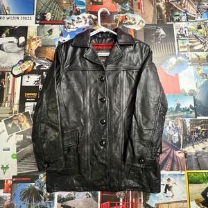 Oakwood Mens Black Leather Car Coat Jacket Red Quilted Lining Vintage Style 48